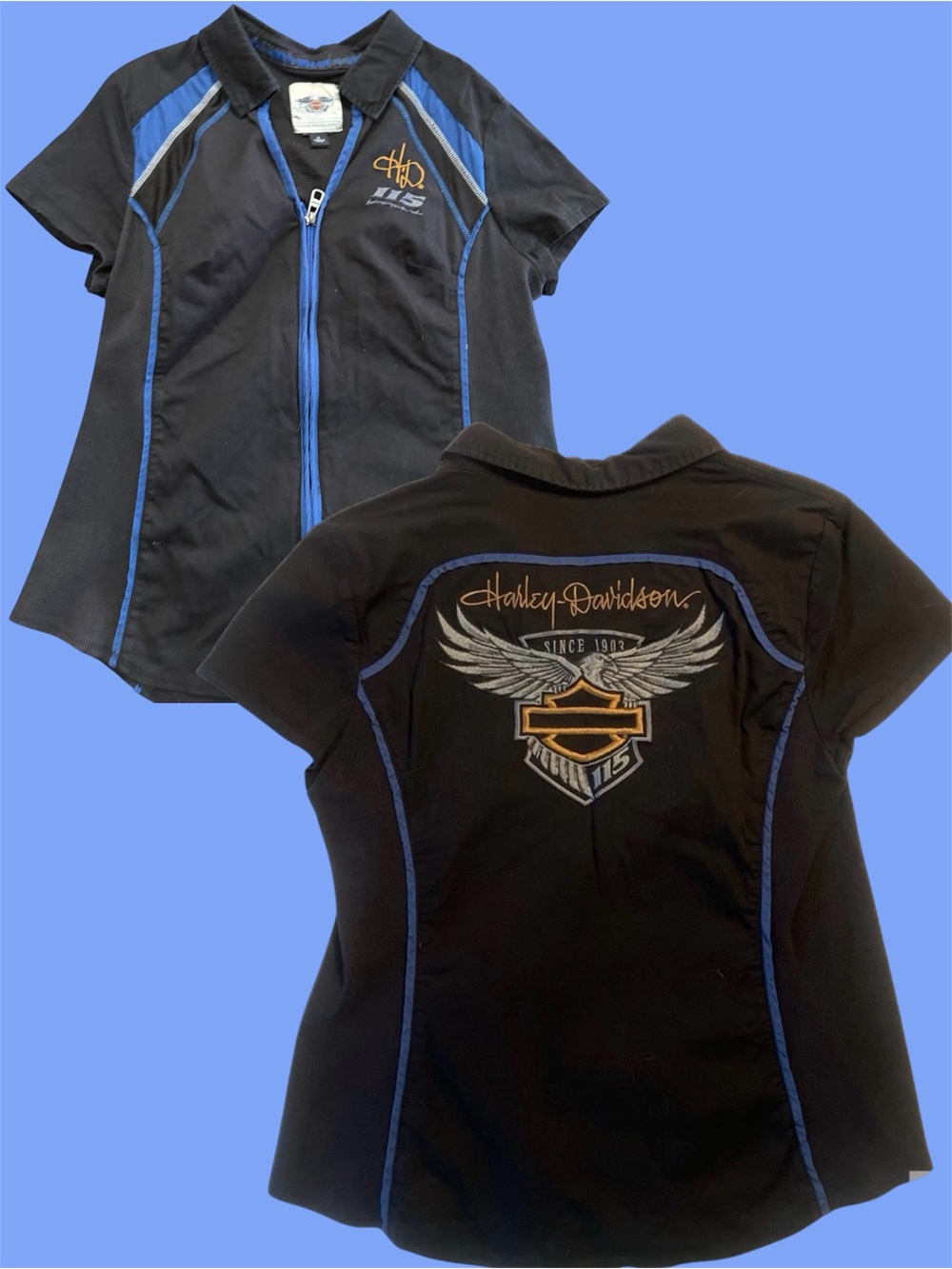 Harley-Davidson Black and Blue Women's Zip Polo with Embroidered Wing Logo